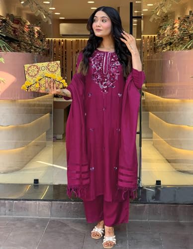 Image of ANNI Designer Women's Rayon Viscose Embroidered Straight Kurta with Pant & Dupatta