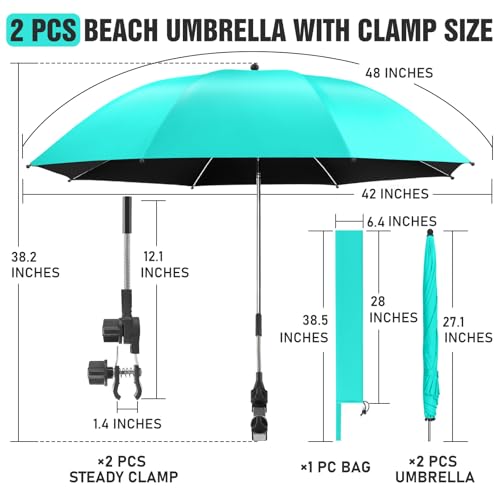 Image of 2 PACK Beach Umbrella with Clamp, 360 Adjustable Umbrellas for Chair, UPF50+ Umbrella for Beach Chair, Patio Chair, Wheelchair, Camping Chair, Golf Carts (Chair Not Included)