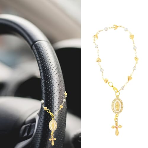 spansee Steering Wheel Rosary Charm Accessory, Cross for Car, Car Rosary for Automotive Protection Charm Decor, Car Rosary for Rearview Mirror, Religious Catholic Gift