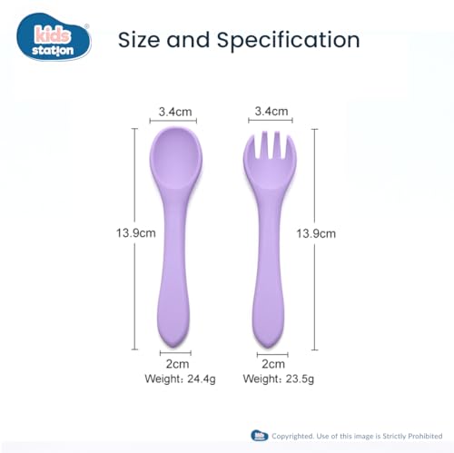 Image of Kids Station Easy to Carry Silicone Baby Feeding Set - Bowl - Spoon - Make Mealtime Fun and Easy - Tableware Meal Utensils for Kids with Suction - Baby Feeding Product (Spork (Set of 2), Purple)