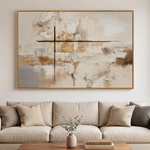 Extra Large Framed Neutral Beige Abstract Wall Art, Horizontal 60x40 In