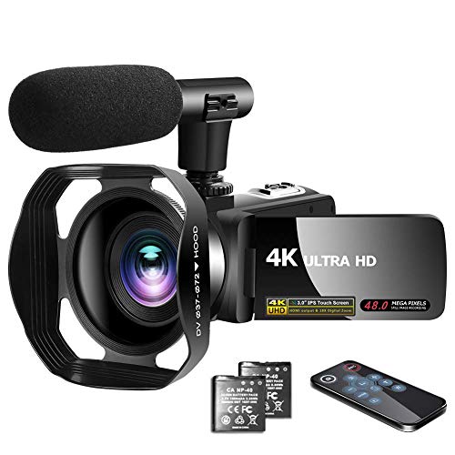 Video Camera 4K Camcorder Vlogging Camera with Microphone YouTube Camera Recorder Ultra HD 30MP 3.0\" IPS Touch Screen with Lens Hood & 2 Batteries