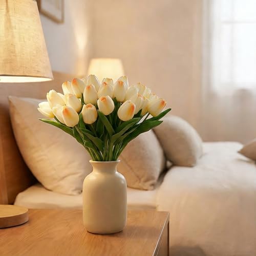 Image of 20Pcs Stems 13.5 Inch Champagne PU Artificial Moisturizing Tulips, Faux Tulips Flowers for Thanksgiving Christmas Decorations Wedding Home Table Vase Floral Arrangements