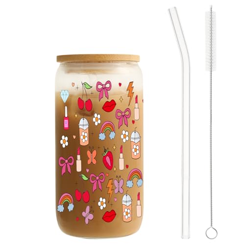 MRYAWXBK Cute Girly Bows Glass Cup with Bamboo Lids Straw 16oz, Aesthetic Ice Coffee Glass Tumbler for Soda Boba Tea Cocktail Birthday Gifts for Her Mom