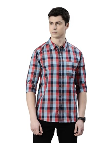 Image of JOVEN Men Slim Fit Pure Cotton Brown and Dark Green Casual Checked Shirt