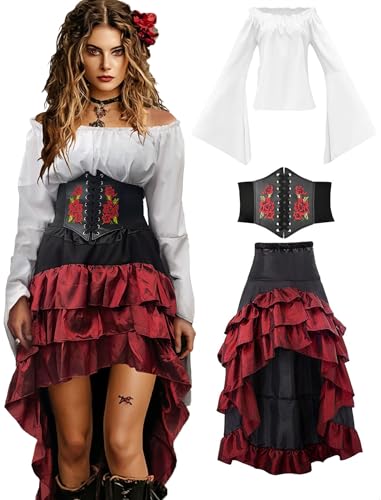 Verceco Pirate Costume Women Outfit with Renaissance Pirate Shirt Skirt Corset Waist Belt Womens Halloween Pirate Costumes (White+Red, M)