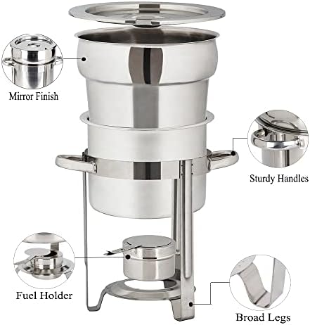 Stainless Steel Round Soup Chafer with Fuel Holder & Spoon, Food Warmer Buffet Set for Chilli, Gumbo, Parties & Events - Durable Soup Pot for Catering