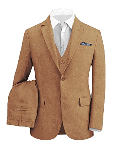 Men's Linen Suits 3-Piece Slim Fit Lightweight Jacket Vintage Wedding Dress Tuxedo Blazer Vest Pant Khaki-L #TOP4