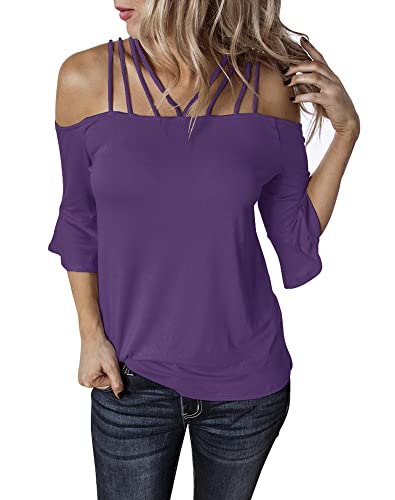 Hilltichu Womens Spaghetti Straps Cold Shoulder Shirts Casual Half Sleeve Tops (Medium