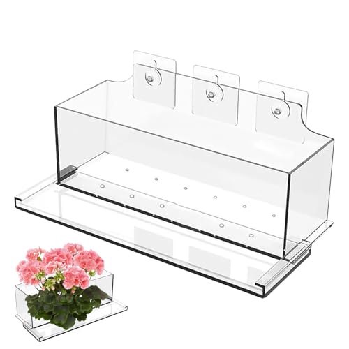 Macetas para ventana, maceta acrílica transparente con calcomanías de succión, perforadora, maceta de jardín con agujeros de drenaje y bandeja, contenedor de flores transparente moderno para ventana