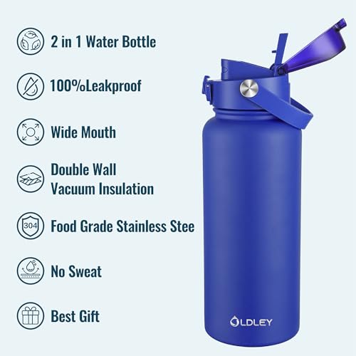 Image of OLDLEY 32oz Insulated Water Bottle with 2-in-1 Straw & Chug Lid, Leakproof Stainless Steel Bottle, Double Wall Vacuum Insulated Water Bottle for Sports, Gym, Travel,Royal Blue