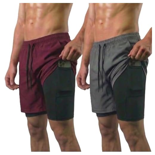 Kit 2 Bermuda Masculina 2 em 1 Shorts Duplo Dry Fit Treino Calção com Bolso Celular Academia Fitness Musculação Chumbo (BR, Alfa, M, Regular, Regular, PRETO/VINHO)