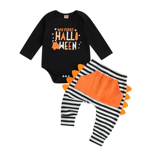 Filgriox My First Halloween Baby Boy Monster Outfit, Newborn Long Sleeve Romper and Striped Pants 2Pcs Clothes Set (Black, 6-12 Months)