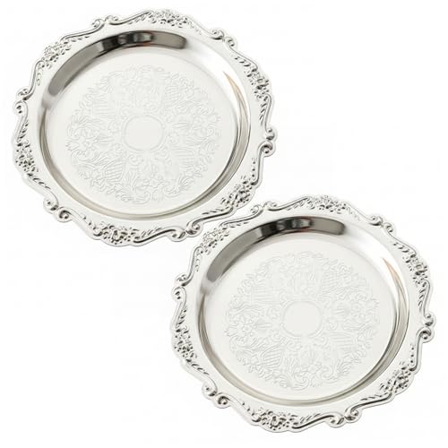 Plateau en Argent 2 pièces, Plateau de Service décoratif Vintage en métal argenté de 7.9 Pouces pour collations, Desserts aux Fruits