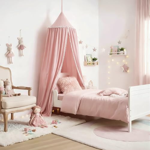 Image of LOAOL Bed Canopy with Pom Pom for Kids Crib Baby Girl Netting Cover Canopy Crib Curtain Reading Nook Hanging Tent Nursery Play Game Castle Room Decoration (Pink)