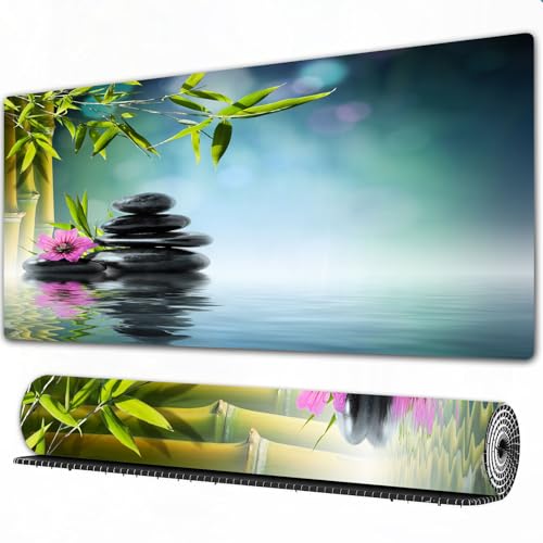 EOMKSE Alfombrilla de ratón extendida con Base de Goma Natural Antideslizante para Jugadores/Escritorio/Oficina/Torre de Piedra Negra e Hibisco con bambú en el agua/40x75 cm