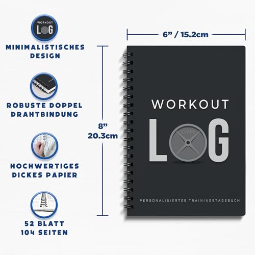 Fitness-Logbuch – Deutsche Sprache – Trainingsplaner – A5-Format, Grau Schwarz – Trainingstagebuch – Zielsetzung für Bodybuilding – von Workout Log