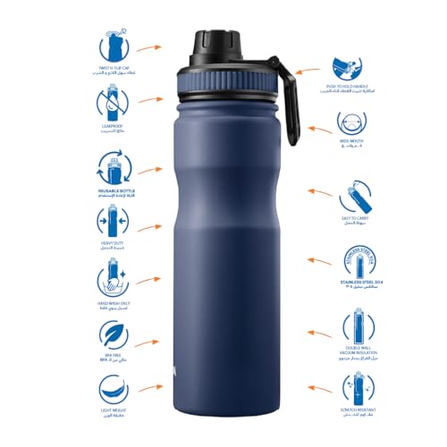 Tank Stainless Steel Water Bottle 650mL, Up to 12Hrs Cold, Navy blue
