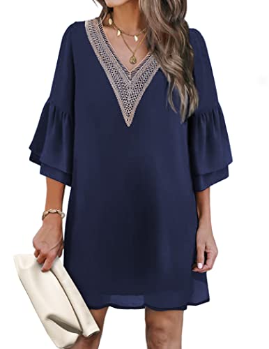 Hotouch Womens 2023 Summer Bell Sleeve Shift V Neck Loose Short Casual Ruffle Party Above The Knee Dress Navy Blue, Large #TOP9