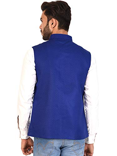Image of Vastraa Fusion Men's Cotton Bandhgala Checkered Nehru Jacket /Waistcoat (Blue, 46)