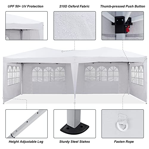 TUKAILAI 10\' x 20\' Pop Up Gazebo Marquee, Anti-UV Party Wedding Tent Event Shelters with 6 Removable Sidewalls & Carry Bag, Heavy Duty Instant Canopy for Outdoor Camping Garden Patio (White) - Thumbnail 4