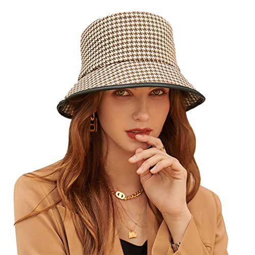 Docila Houndstooth Hat For Women Brown Partys Cloche Bucket Packable Outdoor Sun Cap #TOP1