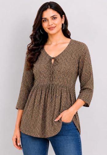 Image of ATTEM Women's Pure Cotton Printed Top | Casual Western Tunic for Women | 3 /4 Sleeve V-Neck Tie-Up Regular Fit Top | Office Wear