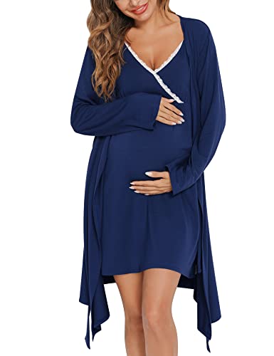 Image of SWOMOG Womens Maternity Robe 2 Piece Nursing Nightgown for Breastfeeding 3 in 1 Labor Delivery Nursing Dress Lace Bathrobe