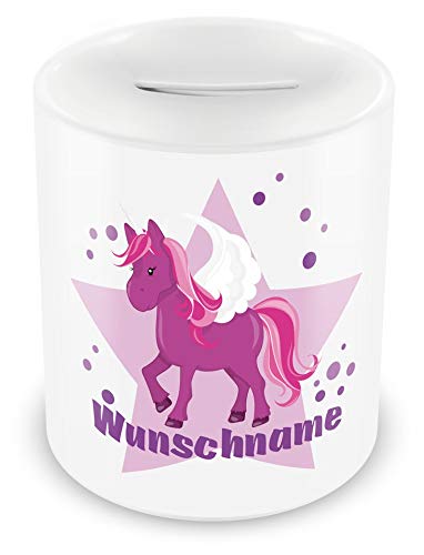 Samunshi® Kinder Spardose mit Namen und Lila Einhorn als Motiv für Kinder - Jungen und Mädchen Sparschwein 330ml weiß