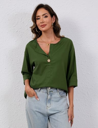 TERIVEEK Summer Linen Shirts for Women Button Down V Neck 3/4 Sleeve T-Shirt Blouse Casual Basic Tunic Tops Army Green — view 5