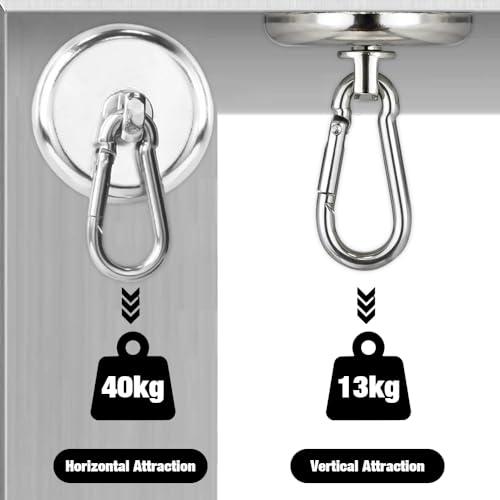 Riisoyu 4 Stück Magnethaken Extra Stark, 45kg Neodym Magnet mit Karabiner Magnetische Haken Stark Groß 36mm Silber Magnethaken mit Federschnalle für Camping Küche Schließfächer