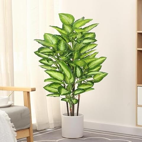 FLOWORLD Artificial Golden Dieffenbachia 4ft Tall Artificial Plants Indoor Decorative Silk Plants Potted Faux Tropical Plants Lifelike House Floor Plants Large Fake Plants for Home Living Room Decor Cover