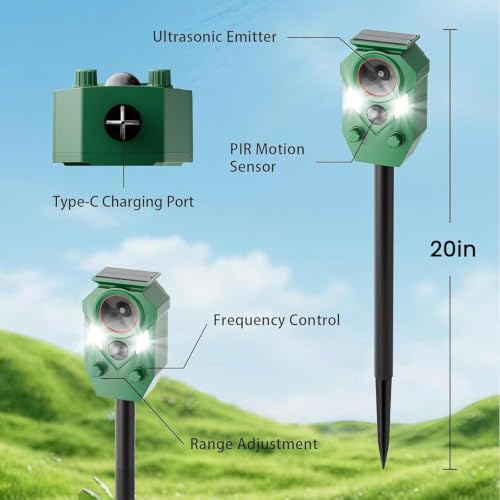 Solar Animal Repeller Outdoor, Ultrasonic Strobe Light Deterrent for Raccoons, Deer, Squirrels, Cats, Dogs, Foxes, Skunks & Rabbits, Waterproof, Gradual Behavior Training for Yard Garden — view 6