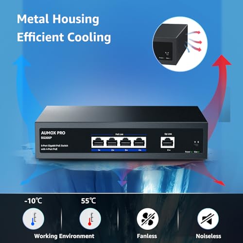 Image of 5 Port Gigabit PoE Switch 78W 4 PoE+1 Uplink VLAN Unmanaged | IEEE 802.3af /at, Fanless Metal Housing, Desktop & Wall mount, One Key VLAN, Plug and Play for IP Cameras Office Network