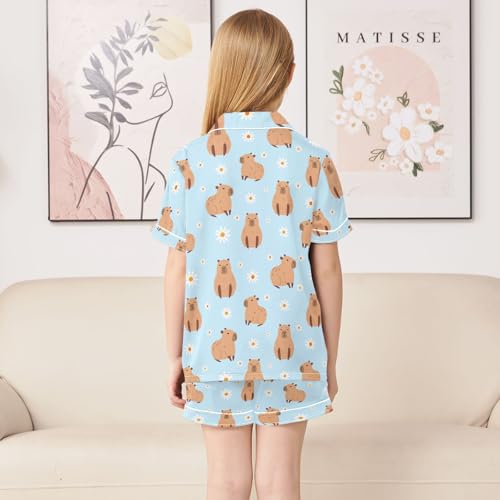 Capybara with Daisy Flowers Blue Summer Satin Pajama Set, Cute Button-Down Sleepwear Pj Set for Sleep Wears4