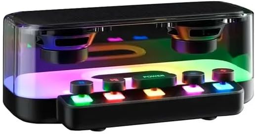 Angled view of the BICONIC BC-AU-BS-233-BK Portable Bluetooth Luminous Speaker, showing the side profile and the illuminated interior.