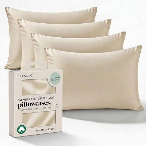 LINENSLAND Pillow cases 250 Thread Count Egyptian Cotton I Premium Hotel Quality Pillow Cases 4 Pack I Soft & Breathable Envelope Closure Design Housewife Pillowcases 50x 75 CM, Cream (4)