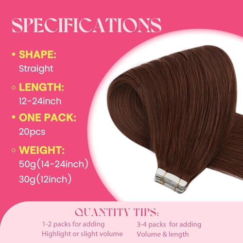Image of Ve Sunny Hair Tape in Hair Extensions Warm Mahogany | Real Human Hair Tape Extensions,for Party,Smooth Soft,14Inch 50g 20Pcs