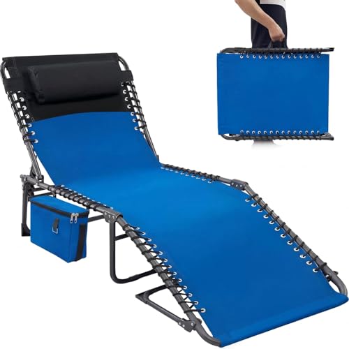 Folding Outdoor Chaise Lounge Chair, 5-Position Adjustable Sun Tanning Chair with Removable Pillow, Side Pocket & Carry Handle for Beach, Garden & Pool by Garvee - Used condition - US$54.88