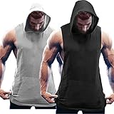 COOFANDY Herren 2er Pack Muskelshirt mit Kapuze Ärmellos Bodybuilding Hoodie Fitness Training Workout Sport Mix Schwarz/Hellgrau L