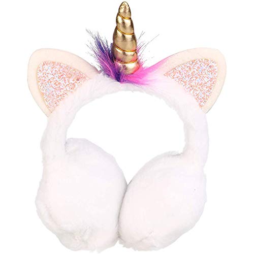 SRTYZ Einhorn Winter Ohrenschützer, Pailletten Plüsch Ohrenschützer Kopfbedeckungen niedlichen Cartoon Ohrmuscheln Cartoon 3D Ohr Geschenk Winddicht für Frauen Mädchen - Weiß Cover
