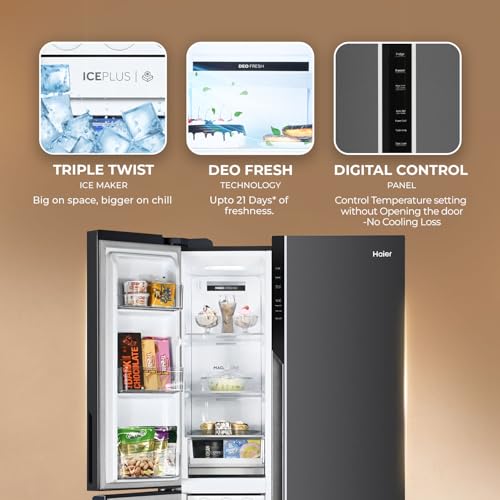 Image of Haier SmartChoice 598L 3 Star 3-Door Side by Side Frost Free Refrigerator | Expert Inverter Technology | Digital Display Panel | Jumbo Ice Maker | Deo Fresh Technology (HRT-683GK, Graphite Black)