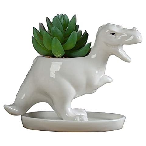 KiaoTime Dinosaur Shape White Ceramic Succulent Planters Pots little Planter flower Bonsai Plant Dino Pots Vase Container Cactus Desktop Animal Decoration Pencil Holder Nursery Pots Cover