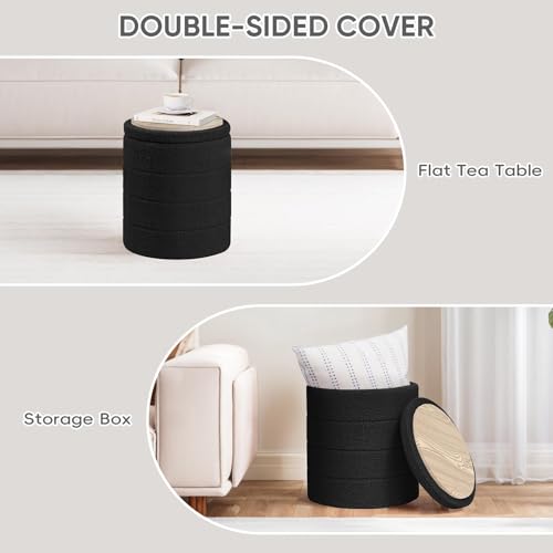 PINPLUS Round Storage Ottoman Foot Rest Stool with Tray Velvet Sherpa Folding Storage Ottoman,Boucle Foot Rest for Living Room, Bedroom, Dorm（Black） - Thumbnail 5