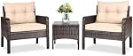 RELAX4LIFE 3-Piece Patio Furniture Set, PE Rattan Wicker Chairs w/Glass Top Coffee Table & Thick Cushions, Bistro Sofa Set for Deck Porch Balcony Garden, Conversation Set Outdoor Furniture (Beige)