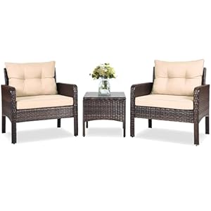 RELAX4LIFE 3-Piece Patio Furniture Set – PE Rattan Wicker Chairs w/Glass Top Coffee Table & Thick Cushions, Bistro Sofa Set for Deck Porch Balcony Garden, Conversation Outdoor Furniture (Beige)