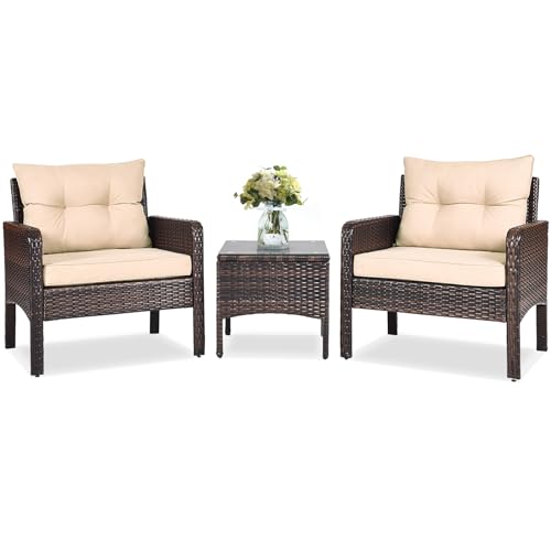 RELAX4LIFE 3-Piece Patio Furniture Set – PE Rattan Wicker Chairs w/Glass Top Coffee Table & Thick Cushions, Bistro Sofa Set for Deck Porch Balcony Garden, Conversation Outdoor Furniture (Beige)