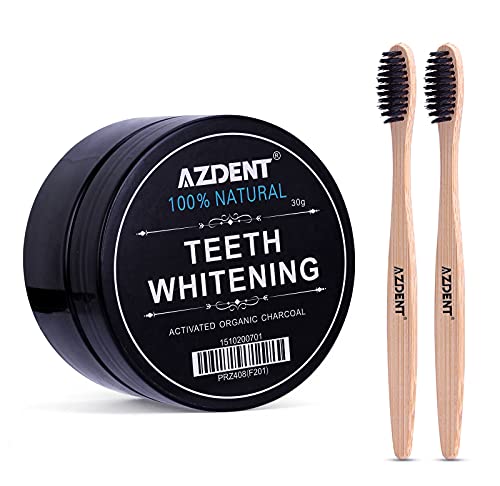 AZDENT Teeth Whitening Activated Organic Charcoal Powder Toothpaste Teeth Whitener for Natural Coconut and 2 Pcs Bamboo Toothbrush