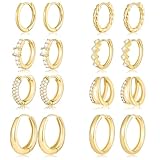 8 pares de aretes de aro de oro para mujer, chapados en oro de 14 quilates, hipoalergénicos, gruesos y ligeros, juego de regalo de joyería, Latón, Sin piedra preciosa