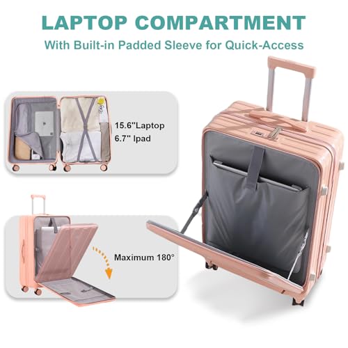 Gets Carry on Luggage Airline Approved,20 Inch Abs+Pc Hardshell Spinner Luggage With Cup Phone Holder and USB Charger,Front Pocket Durable Suitcase for Women Men-Pink4